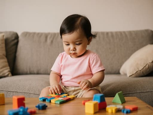 1세의 라틴계 여성 아기가 아늑한 거실의 소파에 앉아 귀여운 분홍색 티셔츠와 베이지색 반바지를 입고 있습니다. 그녀는 퍼즐 조각을 만지작거리며 지루한 표정을 짓고 있으며, 장난감들이 놓인 테이블 주위에 있어 장난스럽고 따뜻한 분위기를 연출합니다.