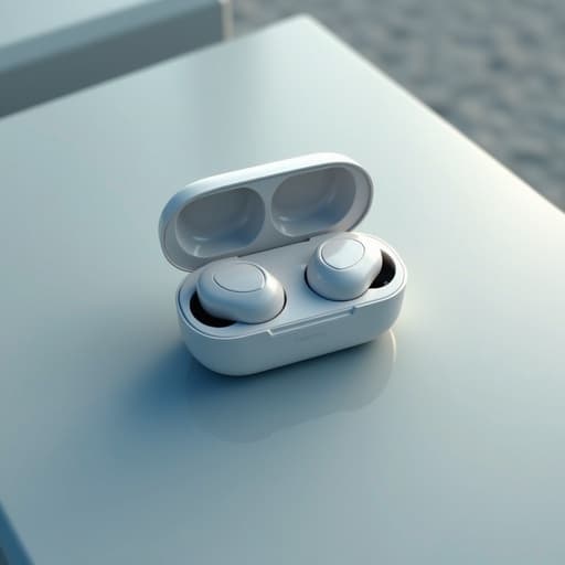 기하학적 패턴 배경 위에 무선 이어폰, 현대적이고 생기 있는 분위기.