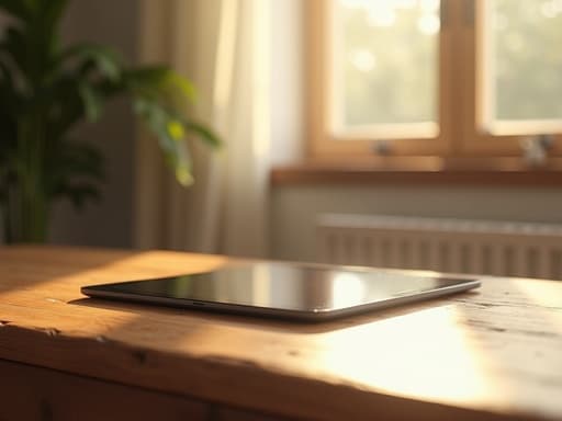 나무 테이블 위에 태블릿과 부드러운 오후 햇살, 따뜻하고 아늑한 분위기