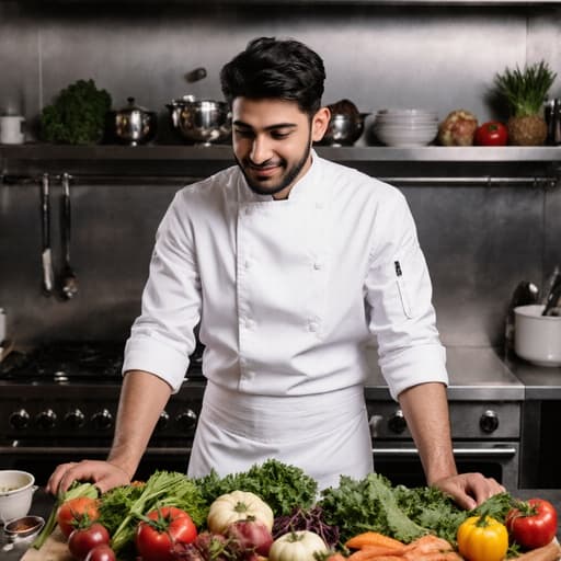 이미지에는 10대 후반의 중동계 남성 셰프가 흰색 요리사 복과 앞치마를 착용하고 자신감 있는 미소를 띠며 조리대 옆에 서 있습니다. 조리대에는 신선한 식재료들이 놓여 있으며, 주방 배경은 다양한 조리 도구들로 활기차고 따뜻한 요리 분위기를 만들어냅니다.
