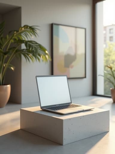 세련된 노트북이 미니멀한 전시 받침대 위에 있으며, 현대 미술 갤러리에서 대형 창문을 통해 자연광이 쏟아지고, 광택 있는 표면이 빛을 반사합니다.