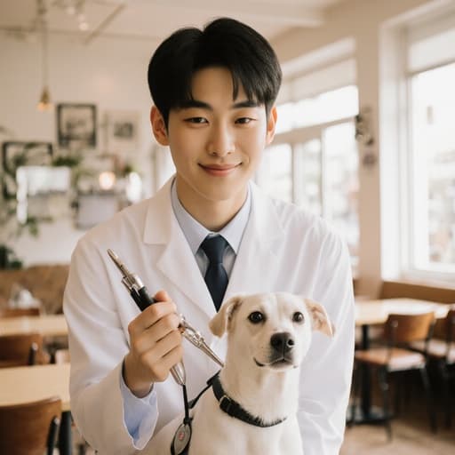10대 초반의 아시아계 남성이 의사 가운을 입고 동물 응급 처치 도구를 들고 친근하게 다가가는 모습. 배경은 밝고 아늑한 카페로, 테이블과 의자가 배치되어 있으며, 창문 너머로 햇살이 비추어 따뜻하고 초대하는 분위기를 연출하고 있습니다.