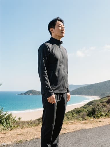 이 이미지는 40대의 한국인 남성이 운동복과 러닝 슈즈를 착용하고, 아름다운 해변과 맑은 하늘을 바라보며 달리기를 잠시 멈춘 모습을 담고 있습니다. 그의 표정은 무관심하며, 장면의 평온한 분위기를 더해줍니다.