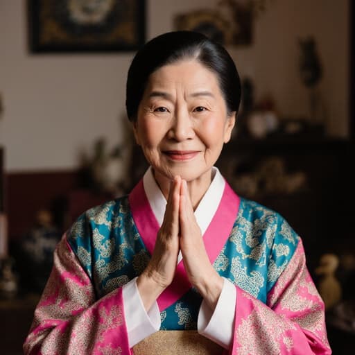 화려한 전통 한복을 입은 차분한 70대 백인 여성이 거실의 전통 소품들이 배치된 아늑한 배경 속에서 손을 가슴 앞에 모으고 따뜻한 미소를 지으며 반신 촬영된 모습입니다.