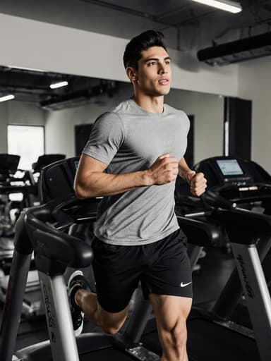 현대적인 헬스장에서 트레드밀 위에서 달리고 있는 20대의 자신감 넘치는 라틴계 남성이 운동용 티셔츠와 반바지, 운동화를 착용하고 건강하고 탄탄한 체격을 선보이며 다양한 운동 기구들로 둘러싸인 모습.