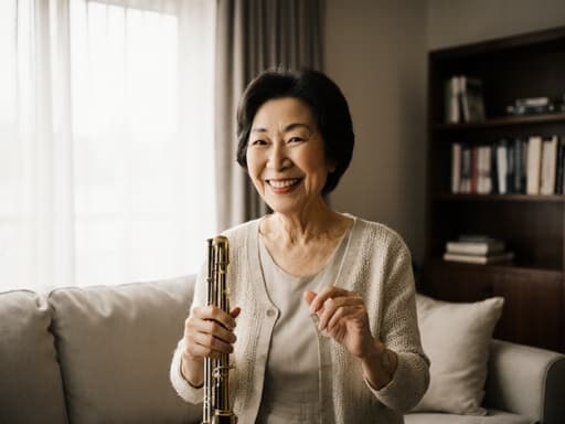 60대 한국인 여성의 반신 상반신 사진으로, 자연스러운 외모를 보여주고 있습니다. 그녀는 편안한 원피스와 카디건을 착용하여 여유롭고 세련된 느낌을 주고 있습니다. 그녀의 얼굴에는 진정한 미소가 가득하며, 왼손에는 악기를 들고 오른손으로는 가벼운 리듬을 타고 있습니다. 배경은 아늑한 거실로, 소파와 책장이 있으며 창문으로 따뜻한 자연광이 들어오고 있어 그녀의 행복한 표정을 더욱 돋보이게 하는 초대형 분위기를 만들어냅니다.