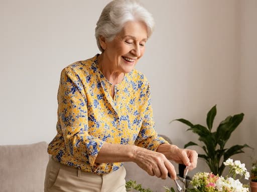 50대 유럽계 여성의 반신 촬영으로, 밝은 색상의 블라우스와 편안한 바지를 입고 손에 꽃꽂이 도구를 들고 꽃을 배치하는 모습입니다. 친근하고 따뜻한 미소를 지으며, 그녀의 접근하기 쉬운 성격을 보여줍니다. 배경은 아늑한 거실로, 소파와 화분이 장식되어 있어 활기찬 분위기를 더해 주며 초대하는 느낌을 줍니다.