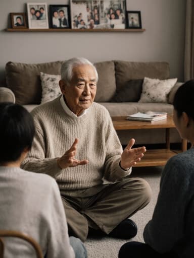70대 한국인 남성이 자연스러운 외모로 아늑한 거실 바닥에 앉아 있는 반신 사진. 편안한 니트 스웨터와 바지를 착용하고 있으며, 가족과의 대화 중 걱정스러운 표정을 지으며 손짓으로 감정을 표현하고 있습니다. 배경에는 가족 사진, 소파, 커피 테이블이 있어 따뜻하고 매력적인 분위기를 만들어냅니다.