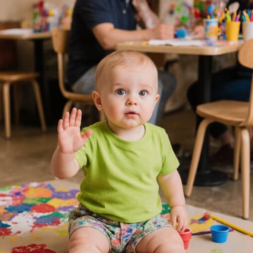 귀여운 외모를 가진 1살 백인 남아의 반신 사진으로, 밝은 색상의 아기 티셔츠와 반바지를 입고 있습니다. 호기심 가득한 표정으로 손을 흔들며 인사하고 있으며, 아기 그림 도구들이 놓인 아늑한 카페 내부에서 가족과의 따뜻한 순간을 담고 있습니다.