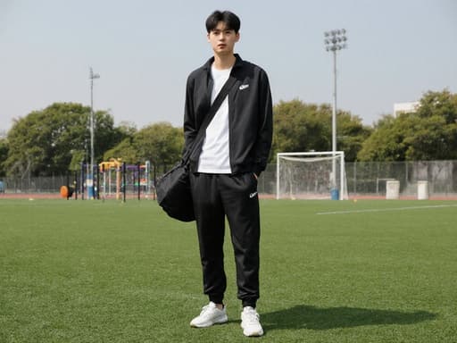 건강하고 활기찬 10대 후반의 한국인 남성이 운동복을 입고 어깨에 스포츠 백을 메고 자신감 있게 포즈를 취하고 있으며, 밝은 운동장이 배경으로 펼쳐져 있습니다. 그의 열정적이고 집중하는 표정은 운동에 대한 의지를 강조하며, 배경은 에너지 넘치는 분위기를 더욱 부각시킵니다.