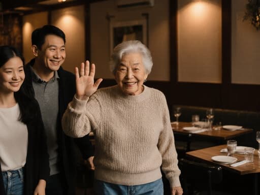 이 이미지는 자연스러운 외모를 지닌 80세 아시아계 여성이 따뜻하게 미소 지으며 가족과 함께 걷고 손을 흔드는 모습을 담고 있습니다. 아늑한 카페의 부드러운 조명이 환영하는 분위기를 만들어 사랑하는 사람들과의 즐거운 순간을 강조합니다.
