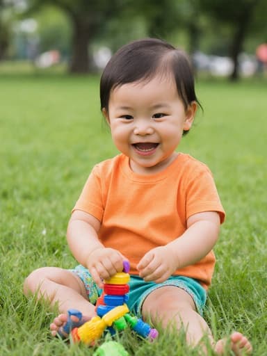 즐거운 표정을 지닌 1세 아시아계 소녀가 푸르른 잔디 위에 앉아 장난감과 함께 놀고 있습니다. 밝은 색상의 티셔츠와 반바지를 입고 있는 그녀는 어린 시절의 즐거움을 잘 표현하고 있으며, 주변은 평화로운 공원 배경과 활기찬 나무들로 둘러싸여 있습니다.