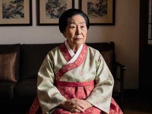 80대의 유럽계 여성으로, 전통적인 한국식 한복을 입고 앉아 있는 모습으로, 걱정스러운 표정을 지으며 아늑한 거실에서 고전적인 한국 그림들로 둘러싸여 있는 장면을 담고 있습니다.