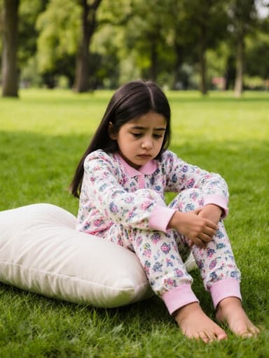 편안한 잠옷을 입고 잔디밭에 앉아 있는 7세 라틴계 소녀의 반신 사진. 지루한 표정을 지으며 베개를 껴안고 다리를 뻗고 있는 모습.
