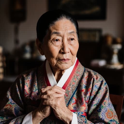 80대 아시아계 여성이 화려한 전통 한복을 입고 아늑한 거실에 서 있습니다. 그녀의 손은 가슴 위에 모여 인사하는 자세를 취하고 있으며, 외로운 표정은 깊은 생각에 잠긴 감정을 드러냅니다. 따뜻하고 부드러운 조명과 전통적인 장식이 편안한 분위기를 만들어냅니다.