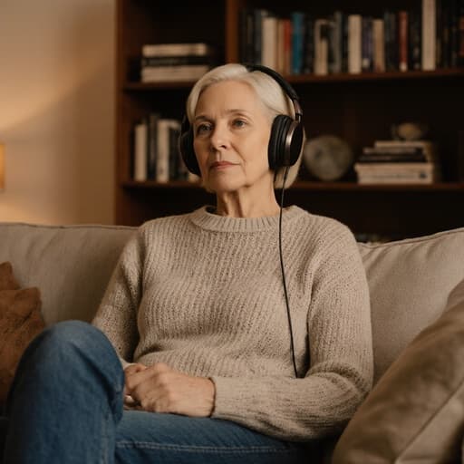40대 백인 여성의 반신 촬영으로, 편안한 니트 스웨터와 청바지를 입고 아늑한 소파에 앉아 있습니다. 그녀는 헤드폰을 착용하고 차분한 표정으로 음악에 몰입하고 있습니다. 배경에는 책장이 있는 따뜻하고 아늑한 거실이 보이며, 음악의 즐거움을 강조하는 평화로운 분위기를 만들어냅니다.