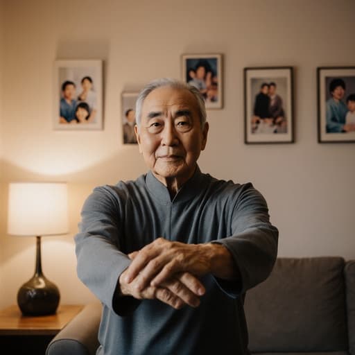 편안한 트레이닝복을 입고 따뜻한 조명이 비치는 거실에서 스트레칭을 하고 있는 70대 한국인 남성의 모습. 가족 사진으로 가득한 공간에서 평온함과 전통적인 건강 관리 방식을 나타내고 있습니다.