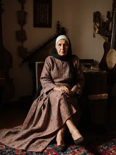80대 중동계 여성이 자연스러운 외모로 화려한 패턴이 있는 긴 전통 의상을 입고 있는 반신 사진입니다. 그녀는 아늑한 거실에 편안하게 앉아 드레스를 살짝 잡고 다리를 뻗고 있으며, 음악에 몰입한 듯 차분한 표정을 짓고 있습니다. 배경에는 전통적인 악기들이 장식되어 있어 문화적인 분위기를 더하며, 평화롭고 초대하는 환경을 만들어냅니다.