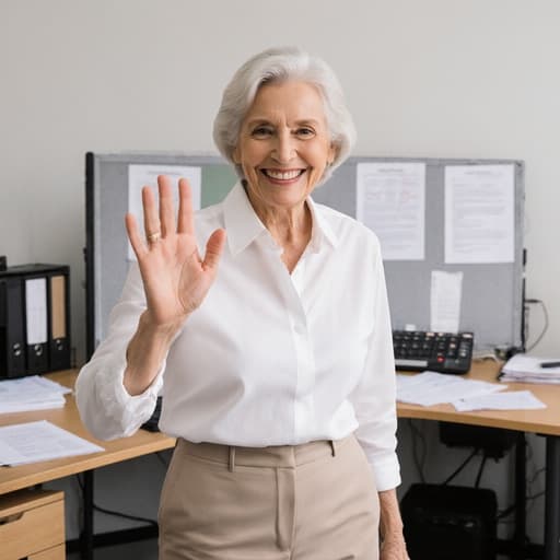 60대 유럽계 여성이 화이트 블라우스와 세미 정장 바지를 입고 연구실에 서서 미소 지으며 손을 흔들며 인사하고 있다. 그녀의 뒤에는 논문과 연구 자료로 가득 찬 책상이 있어 전문적인 분위기를 자아낸다.