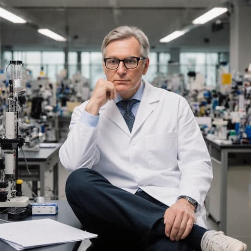 40대 유럽계 남성이 흰색 실험복과 안경을 착용하고, 다리를 뻗고 앉아 연구 노트를 바라보며 생각에 잠긴 모습의 반신 샷. 과학 박물관의 전시실에서 다양한 과학 장비와 연구 자료가 전시되어 있는 배경.