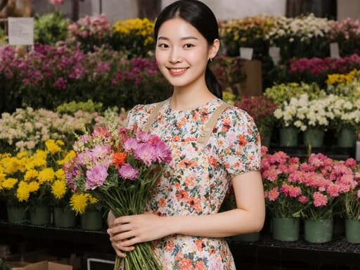 20대 동양인 여성으로 화사한 꽃무늬 원피스와 꽃무늬 에이프런을 입고 아름다운 꽃다발을 들고 있는 모습이 화려한 꽃으로 가득한 플로리스트 가게 안에서 우아함과 기쁨을 자아냅니다.