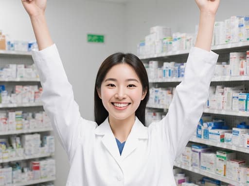 10대 초반의 한국인 소녀가 깨끗한 흰색 약사복을 입고 약국 카운터 앞에서 팔을 위로 쭉 뻗으며 자신감 넘치는 자세로 반신 촬영되고 있습니다. 배경에는 약품과 의료 기기가 진열된 선반이 있어 활기차고 밝은 분위기를 연출하고 있습니다.
