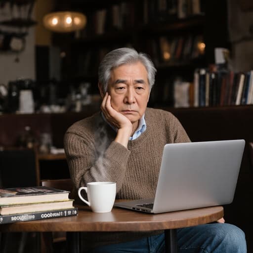 50대 아시아계 남성이 걱정스러운 표정으로 아늑한 카페에 앉아 편안한 니트 스웨터와 청바지를 입고 있는 반신 사진. 그는 작고 아늑한 테이블 위의 노트북을 바라보며 손으로 턱을 괸 자세를 취하고 있으며, 테이블 위에는 커피 한 잔과 다양한 책들이 놓여 있어 따뜻하고 초대하는 분위기를 만들어냅니다.