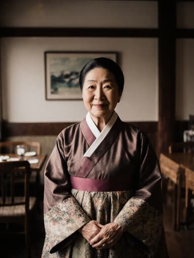 80대 혼혈 여성이 전통 한복을 입고 아늑한 전통 카페에 서 있는 풀 바디 샷. 그녀는 만족스러운 표정을 짓고 있으며, 이야기하는 듯한 모습으로 따뜻하고 초대하는 분위기 속에 있습니다.