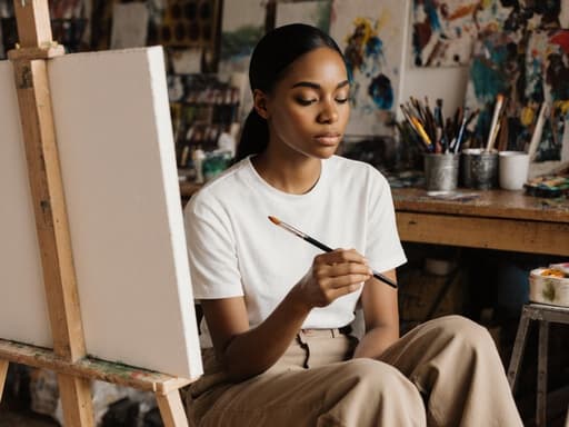 20대 혼혈 여성의 반신 사진으로, 자연스러운 외모를 가진 편안한 티셔츠와 작업용 바지를 착용하고 있습니다. 그녀는 다리를 뻗고 앉아 캔버스를 바라보며 페인트 브러시를 들고 있으며, 세련된 집중한 표정을 띠고 있습니다. 배경은 다양한 그림 도구와 완성된 작품들이 걸려 있는 아늑한 그림 작업실로, 창의력을 자극하는 분위기를 만들어냅니다.