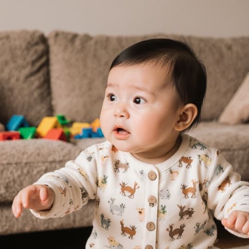 아늑한 거실에서 장난감이 가득한 배경 속, 편안한 파자마를 입고 배고픈 표정을 지으며 부모를 향해 손을 뻗고 있는 귀여운 1세 한국 남아의 반신 샷.