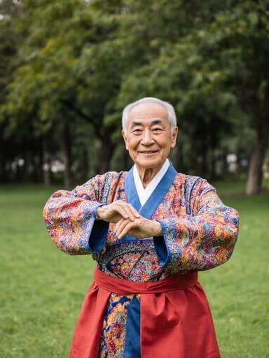 화려한 전통 한복을 입고 따뜻한 미소를 지으며 전통 춤을 추기 위해 준비하고 있는 80대의 한국인 남성을 공원 배경에서 전신으로 촬영한 이미지입니다.