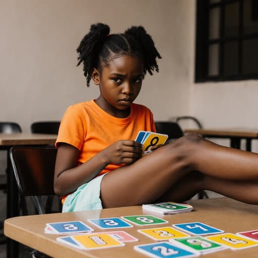 7세 아프리카계 여자아이가 카페 테이블에 앉아 밝은 색상의 티셔츠와 반바지를 입고 있는 모습의 반신 사진입니다. 그녀는 약간 찡그린 표정으로 배고픔을 나타내며 손에 색색의 숫자 카드를 들고 있습니다. 배경은 조용한 카페의 테이블 위에 다양한 색상의 숫자 카드가 놓여 있어 장난기 있는 분위기를 자아냅니다.