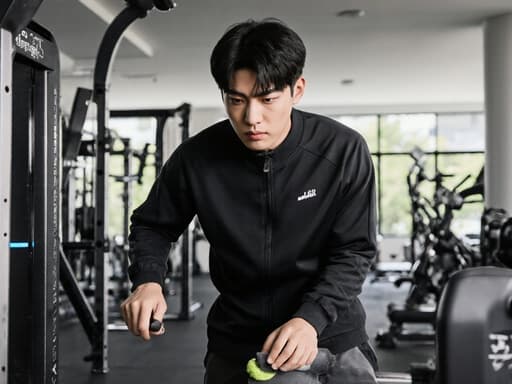 현대적인 운동 센터에서 운동 기구를 청소하는 진지한 표정의 건강한 10대 초반 한국 남성이 운동복을 입고 있는 반신 사진.