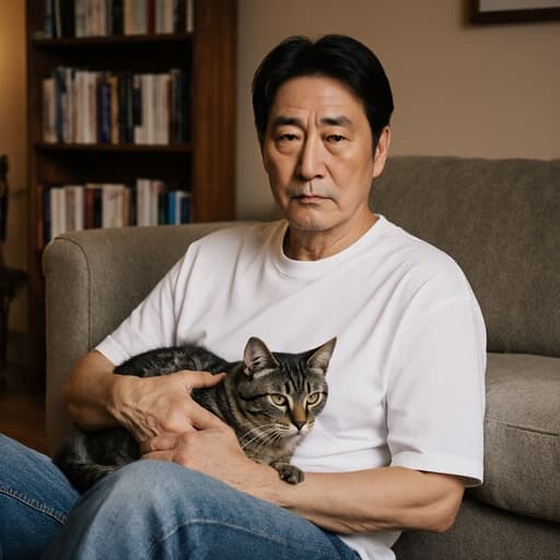 50대 한국인 남성이 아늑한 거실 바닥에 앉아 편안한 청바지와 흰색 티셔츠를 입고 작은 애완동물을 손에 안고 있습니다. 자연스러운 외모에 무관심한 표정을 짓고 약간의 피로감을 드러내고 있습니다. 배경에는 소파와 책장이 있어 따뜻하고 초대하는 분위기를 만들어냅니다.