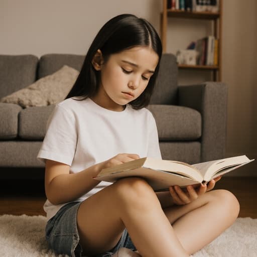 7세의 백인 소녀가 아늑한 거실에 편안하게 앉아 있습니다. 그녀는 캐주얼한 티셔츠와 반바지를 입고 있으며, 졸린 표정으로 열린 책을 들고 있습니다. 뻗은 다리 앞에는 소파와 작은 책장이 있는 따뜻하고 편안한 분위기가 연출되어 있습니다.