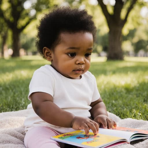 편안한 티셔츠와 레깅스를 입은 1세의 흑인 아기 여자아이가 공원에서 담요 위에 앉아 그림책을 무릎 위에 두고 손으로 책장을 넘기려는 사랑스럽고 호기심 가득한 표정을 짓고 있으며, 푸른 잔디와 나무 그늘이 둘러싸여 있습니다.