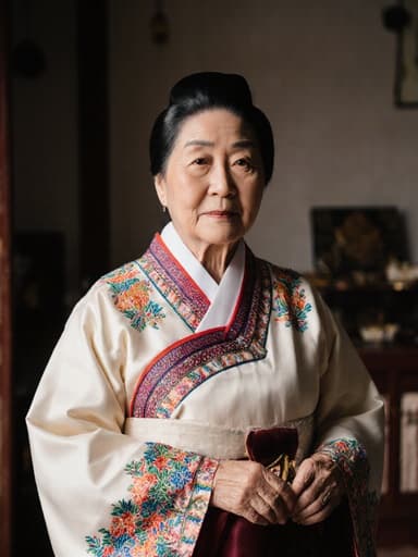 화려한 자수가 있는 전통 한복을 입고 있는 80대 한국인 여성의 반신 사진. 그녀는 전통 악세사리를 들고 서 있으며, 평온한 표정을 짓고 있습니다. 한국의 전통 소품들이 가득한 거실을 배경으로 하여 따뜻하고 문화적인 분위기를 연출하고 있습니다.