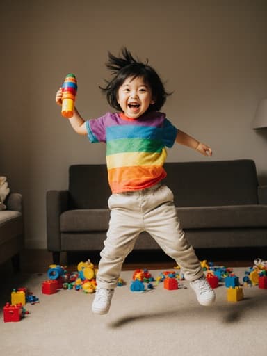 밝고 생기 넘치는 3세 한국인 여아의 전신 사진으로, 귀여운 외모에 화려한 티셔츠와 편안한 바지를 입고 있습니다. 장난감을 들고 즐겁게 점프하고 있는 모습이 아늑한 거실에서 장난감들이 흩어져 있는 따뜻한 분위기 속에서 즐거움과 에너지를 발산하고 있습니다.