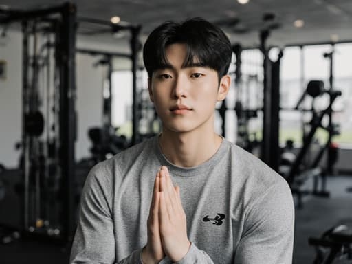 운동복을 입은 10대 후반의 한국 남성이 훈련 중 인사하는 자세로 차분하게 자신감을 드러내며, 여러 운동 기구들이 있는 훈련장에서의 반신 사진입니다. 활기찬 라이프스타일을 반영합니다.