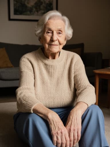 80대 유럽계 여성의 반신 사진으로, 베이지색 니트 스웨터와 편안한 파란색 바지를 입고 아늑한 거실 바닥에 앉아 있습니다. 그녀는 무관심한 표정을 지으며 다리를 쭉 뻗고, 소파와 작은 테이블이 있는 따뜻하고 초대하는 분위기 속에 있습니다.