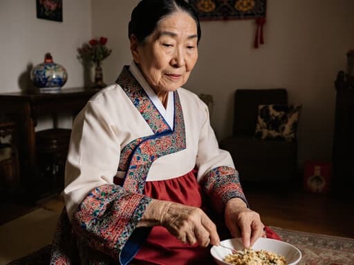 80대 한국인 여성이 한복을 입고 아늑한 거실 바닥에 앉아 전통 음식을 준비하며 편안한 미소를 짓고 있는 모습의 반신 사진입니다. 배경에는 전통 장식이 있어 장면에 따뜻함을 더하고 조화로운 분위기를 만들어냅니다.