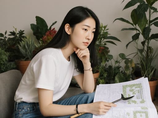 10대 후반의 한국인 여성이 식물로 가득한 아늑한 거실에 앉아 있습니다. 그녀는 손에 정원 디자인 도면을 들고 약간 찡그린 표정으로 집중하고 있으며, 편안한 티셔츠와 청바지를 입고 손목에 정원 도구가 걸려 있어 따뜻하고 초대하는 분위기를 만들어냅니다.