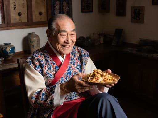 이미지에는 전통 한복을 입고 앉아 있는 80대 동양인 남성이 등장합니다. 그는 전통 한국 주방에서 만족스럽고 자랑스러운 표정을 지으며 손수 만든 한국 음식을 자랑하고 있습니다. 배경에는 한국 전통 소품들이 장식되어 있어 진정하고 따뜻한 분위기를 자아냅니다.