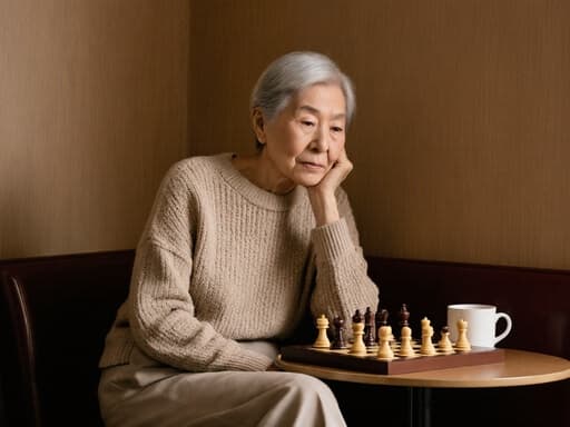70대 한국인 여성의 반신 샷, 자연스럽고 부드러운 외모를 가진 그녀가 아늑한 카페의 한쪽 구석에 앉아 있습니다. 편안한 니트 스웨터와 슬랙스를 착용하고 있으며, 피곤한 표정과 약간의 긴장감이 느껴집니다. 그녀는 앞에 놓인 체스판을 바라보며 생각에 잠겨 있고, 커피잔이 그 옆에 놓여 있습니다. 카페의 따뜻하고 초대하는 분위기가 장면을 한층 더 매력적으로 만들어 주며, 조용한 사색의 순간을 포착하고 있습니다.