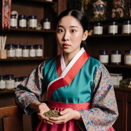 전통 한복을 입은 중동계 소녀가 한 손에 한약재를 들고 의자에 기대며 놀란 표정을 짓고 있는 모습, 전통적인 장식이 있는 한의원 내부에서 촬영됨.