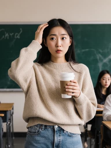 초반 10대의 동양인 소녀가 편안한 스웨터와 청바지를 입고 커피를 마시려는 당황한 모습으로 포착되었습니다. 자연스러운 표정과 포즈로 한 손에 커피 컵을 들고, 다른 손으로는 머리를 긁적이며 고민하는 모습이 학생들로 가득한 강의실의 배경 속에서 친근하고 매력적인 장면을 만들어냅니다.