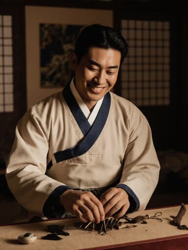 30대 아프리카계 남성이 전통 한복을 입고 아늑한 뜸 치료실에서 뜸 치료 도구를 정리하며 따뜻하게 미소짓고 있는 모습이 평화롭고 초대하는 분위기를 만들어냅니다.