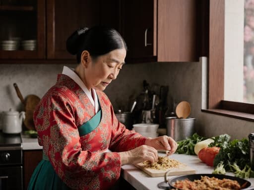 전통적인 한복을 입은 70대 아시아계 여성의 반신 사진으로, 재료를 준비하며 걱정스러운 표정을 짓고 있는 모습입니다. 전통적인 주방 환경에서 조리 도구와 재료가 가지런히 배치되어 있어 요리의 문화적 중요성을 잘 드러냅니다.
