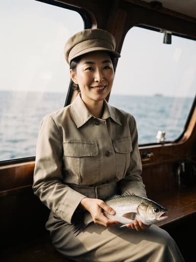 이 이미지는 40대 한국 여성이 어업 작업복과 모자를 착용하고, 어획한 어류를 손에 들고 우아하게 미소 짓고 있는 모습을 담고 있습니다. 그녀는 어선의 내부에 앉아 있으며, 배경에는 평화로운 바다 풍경이 보이는 창문이 있어 자신감과 우아함을 발산합니다.