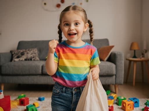 귀여운 외모의 7세 유럽계 소녀가 밝고 표현력 있는 눈으로 배고픈 표정을 짓고 있는 반신 사진입니다. 그녀는 한 손에 가방을 들고 밝은 색상의 티셔츠와 청바지를 입고 있으며, 소파와 장난감이 흩어져 있는 아늑한 거실에 서 있습니다. 전체적인 분위기는 따뜻하고 초대하는 느낌으로, 그녀의 장난기 가득한 모습과 약간의 기대감을 강조합니다.